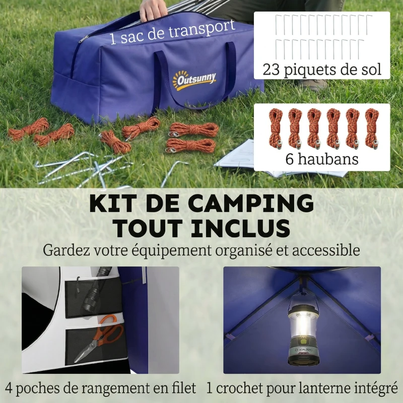 Outsunny Tente de Camping pour 4 Personnes, 2 Chambres, Imperméable 3000mm, avec Tapis de Sol et Sac, 420x300x200cm, Bleu Foncé