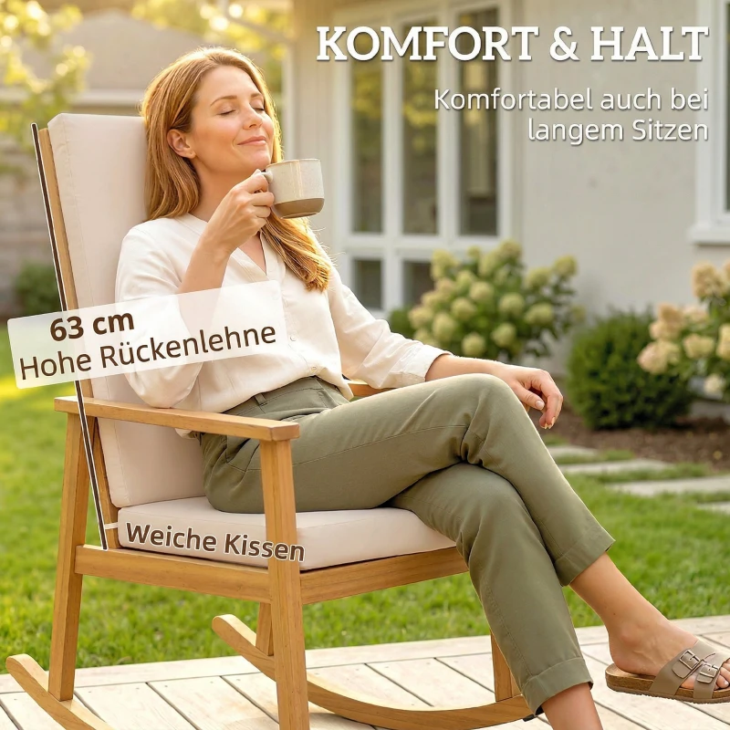 Outsunny Schaukelstuhl aus Akazienholz Schaukelsessel mit hoher Rückenlehne Kissen bis 160 kg 60 x 89 x 107 cm Beige