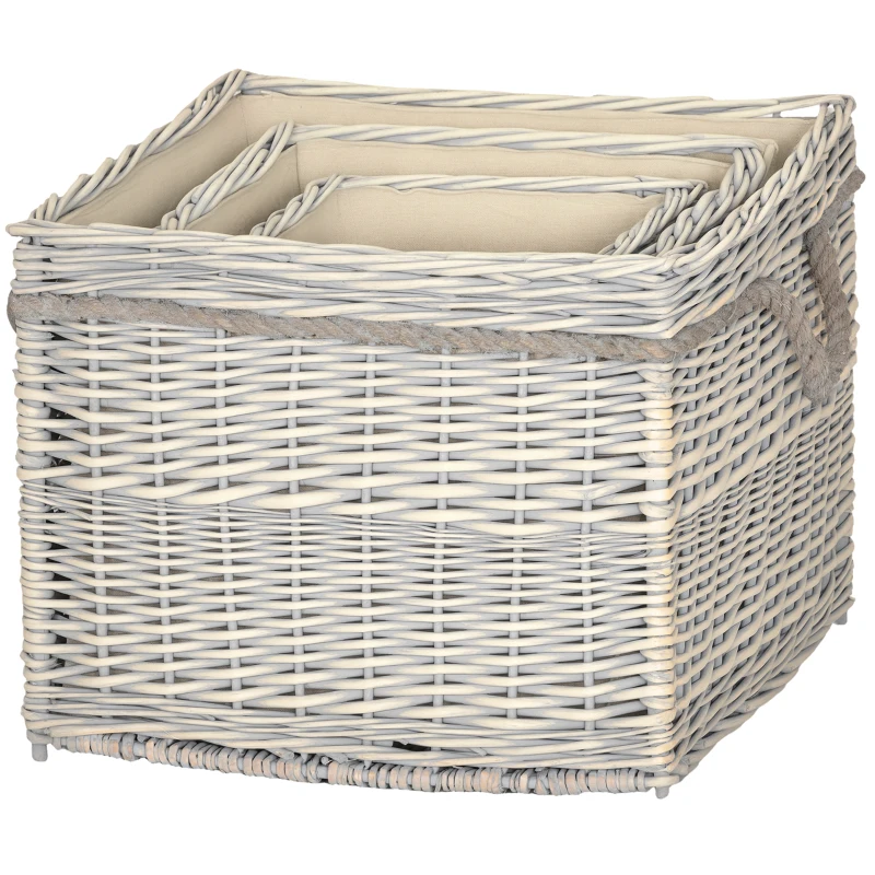Outsunny Set of 3 Log Baskets for Wood Burner Indoor, Storage Basket with Lining and Rope Handles, Wicker Basket for Fireside Storage, Blankets, Beige