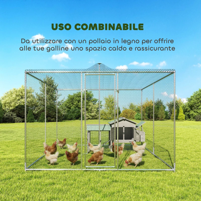 PawHut Pollaio per Galline da Esterno con Tetto e Serrature, in Acciaio Zincato, 4x3x2 m, Argento