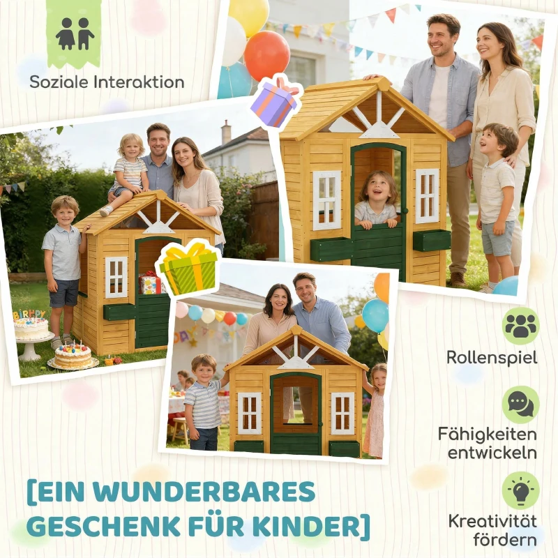 AIYAPLAY Kinderspielhaus Holz Spielhaus Outdoor mit Tür 3 Fenster 2 Blumenkästen für 3-8 Jahre Kinder 134,5 x 97 x 150 cm Braun