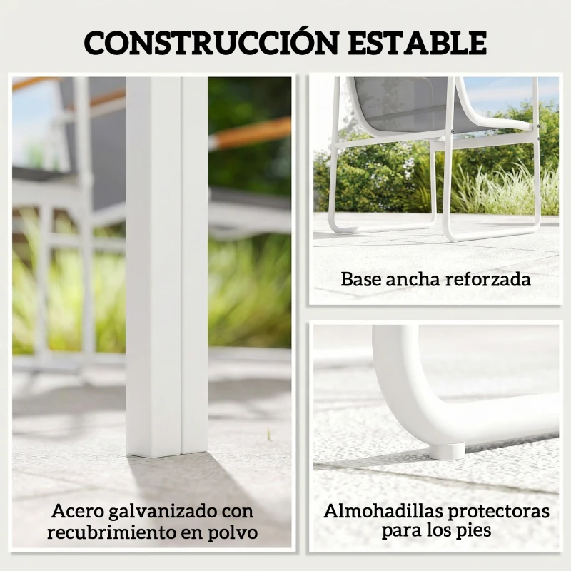 Outsunny Conjunto de Mesa y Sillas Jardín con Mesa de Vidrio Templado y 6 Sillas Transpirables para Terraza Patio Blanco y Gris