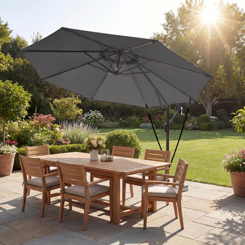 Outsunny Parasol Déporté Parasol de Jardin Extérieur Double Cordes de Fixation et Housse de Protection Manivelle Gris Foncé