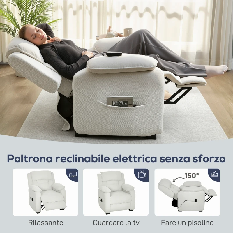 HOMCOM Poltrona Reclinabile 150° Effetto Velluto con Poggiapiedi, Telecomando e Tasca Laterale, 96x90x103 cm, Beige