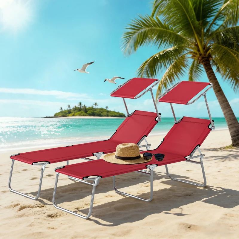 Outsunny Outdoor Foldable Sun Lounger Set of 2, 4 Level Adjustable Backrest Reclining Sun Lounger Chair with Angle