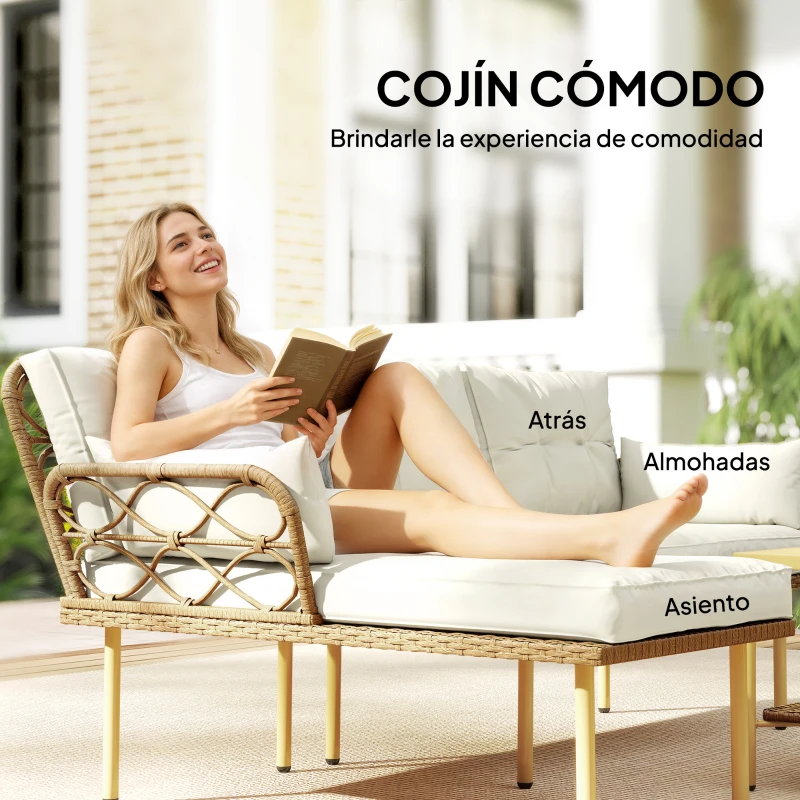 Outsunny Conjunto de Jardín Exterior de Ratán con 1 Sofá de 2 Plazas 1 Sofá Esquinera y 1 Mesa de Centro Natural y Crema