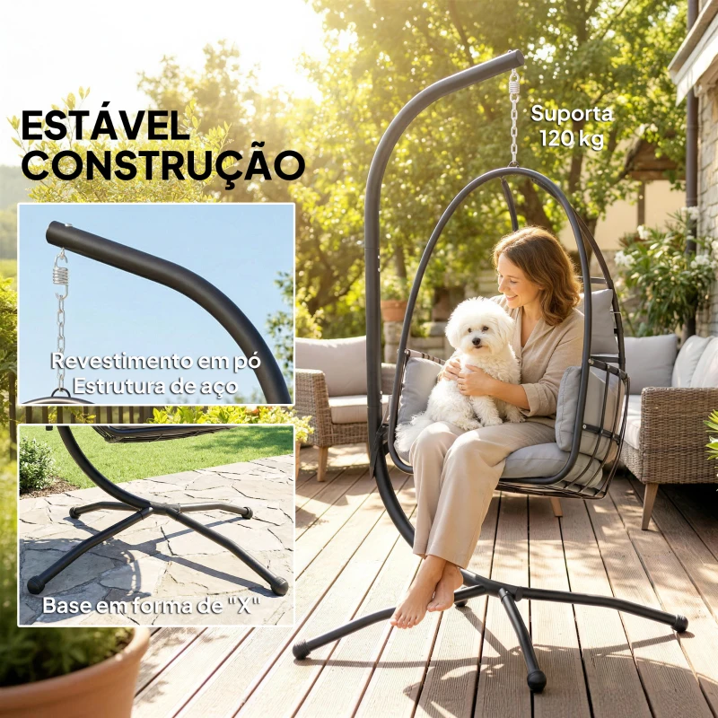 Outsunny Cadeira Suspensa Tipo Ovo com Suporte Cesto Dobrável Apoio de Cabeça Almofada Bolso Lateral Capacidade 120 kg Cinzento Escuro