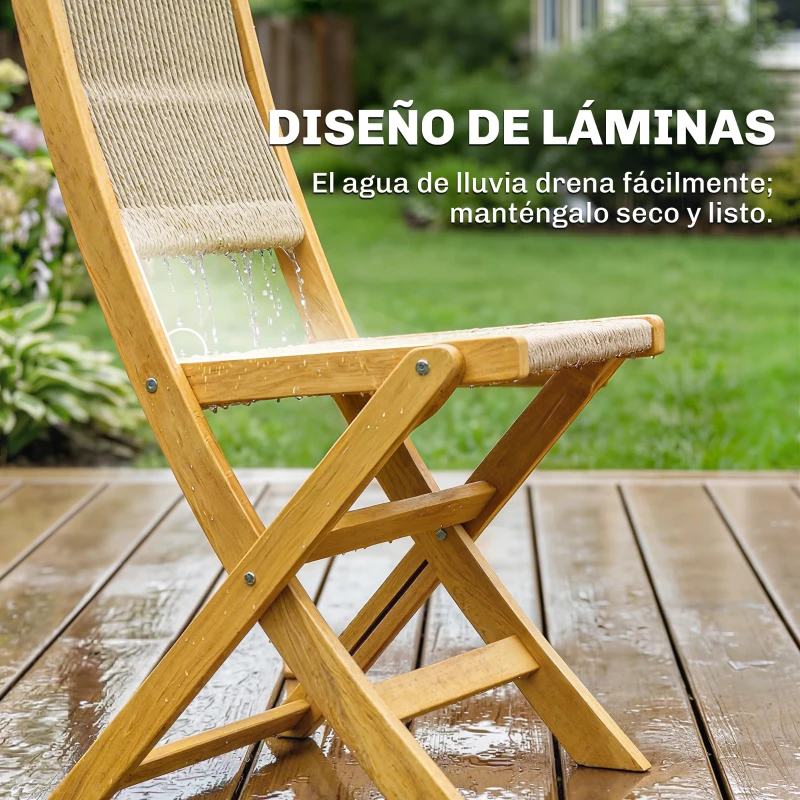 Outsunny Conjunto de Jardín de 3 Piezas de Madera con 2 Sillas Plegables y Mesa Redonda para Patio Balcón Natural