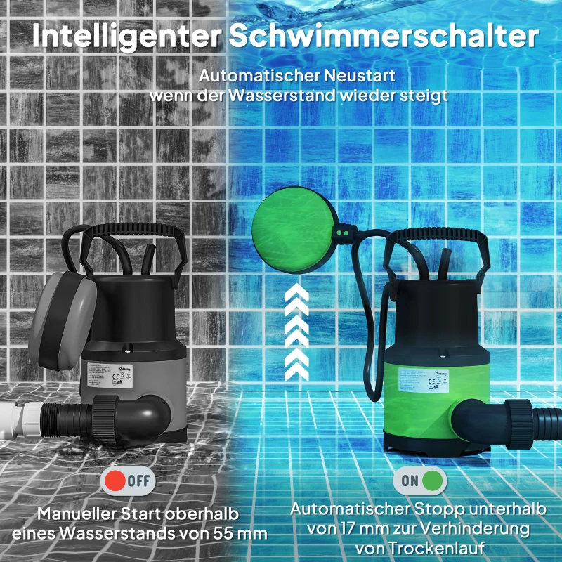 Outsunny Tauchpumpe Teichpumpe Wasserpumpe mit Schwimmschalter Springbrunnen 400W 9000L/h 16 x 14 x 27 cm Grün