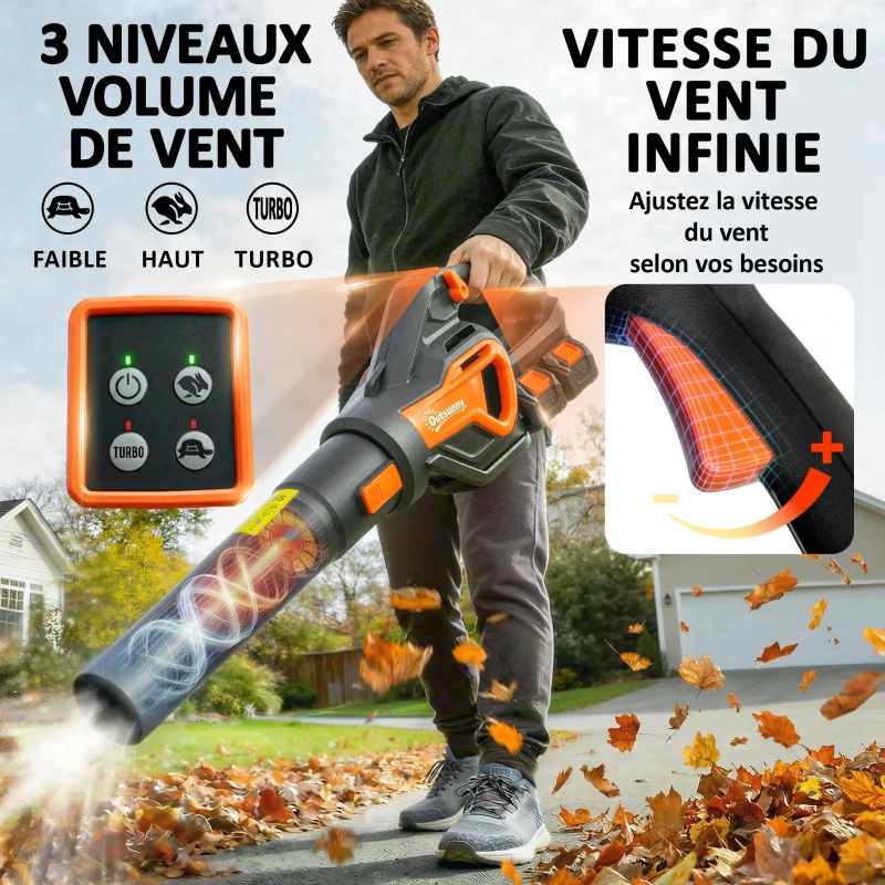 Outsunny Souffleur de Feuilles sans Fil avec Moteur Brushless 900W Batterie 36v (2x4,0Ah) Puissant 15,2 m³/min Orange et Noir