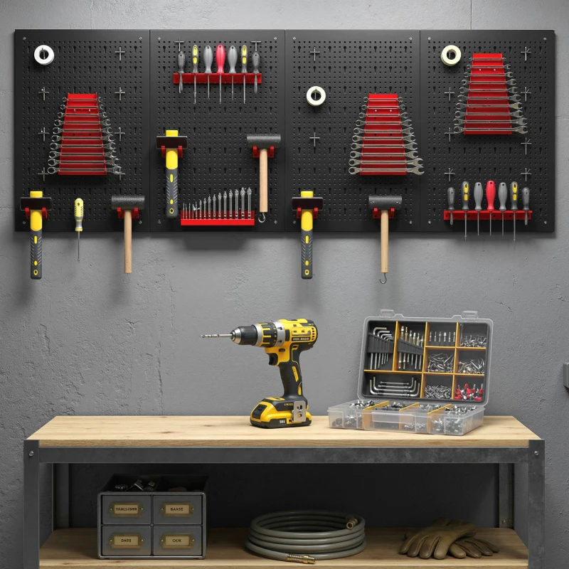 HOMCOM Lagersystem Wandregal 60 x 40 cm, 38 stck. Schüttenregal mit Haken Ablageböden Sichtlagerkästen, Schwarz+Rot