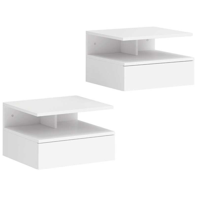 HOMCOM Lot de 2 tables de chevet murales, tables de nuit suspendues avec tiroir, étagère ouverte, 35x32x22,5cm, blanc