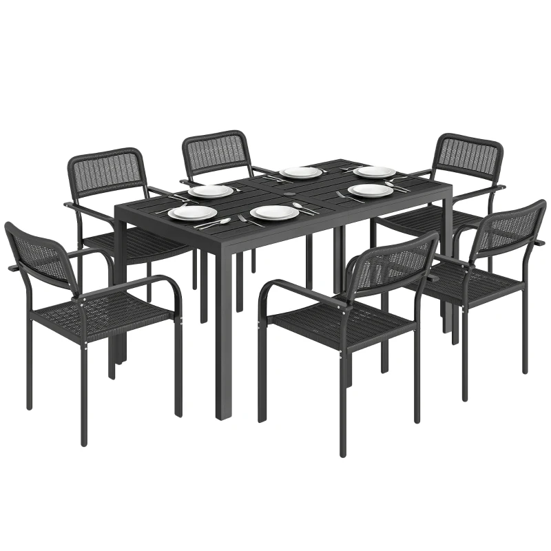 Outsunny Conjunto de Jantar Exterior para 6 Pessoas Mesa e Cadeiras com Furo para Guarda-sol Preto