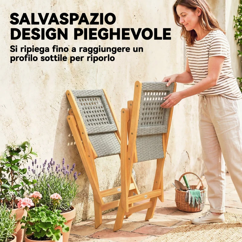 Outsunny Set di 2 Sedie Pieghevoli da Giardino in Rattan PE e Legno di Acacia, Supporto fino a 160 kg, Grigio