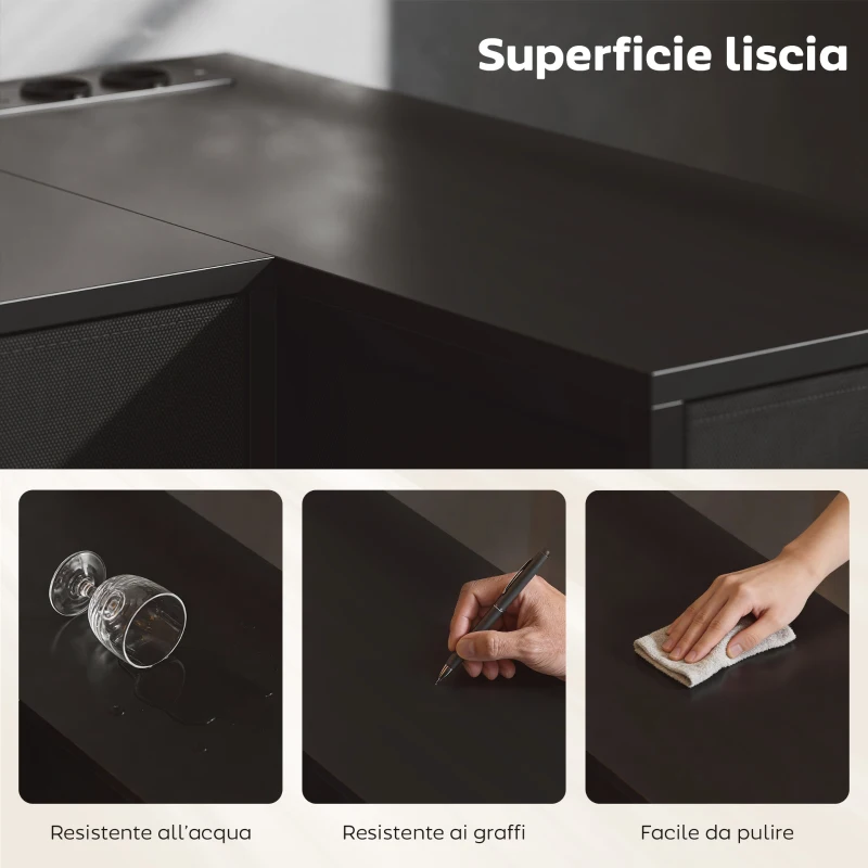 HOMCOM Scrivania Angolare a 6 Cassetti con Gancio Laterale e Prese Integrate, in Legno e Acciaio, 126x48x80 cm, Nero