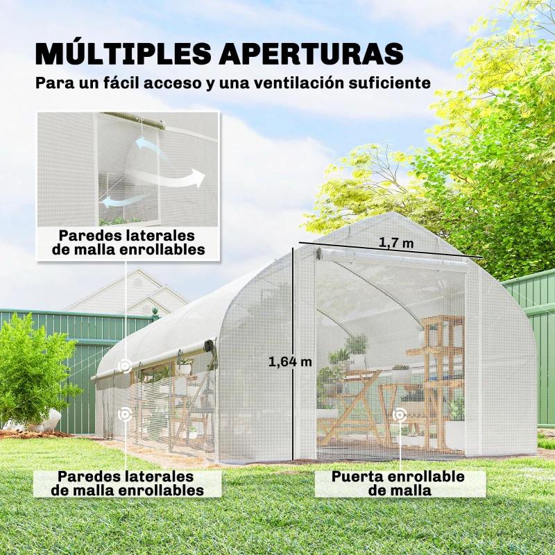 Outsunny Invernadero de Túnel 6x3x2 m con Anti-UV y Puerta Enrollable con Cremallera Paredes Laterales con Malla Blanco