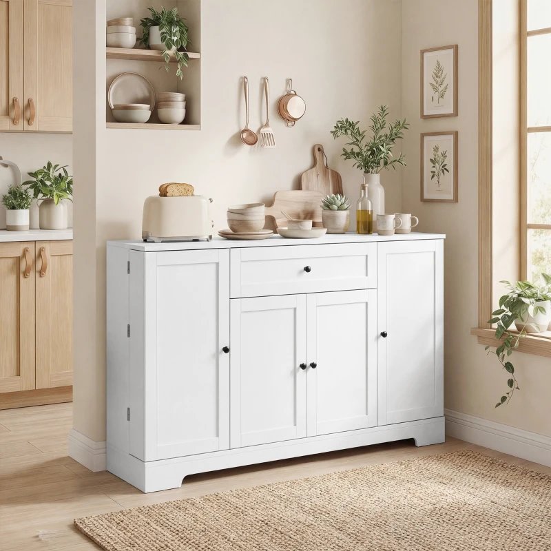HOMCOM Buffet da cucina con cassetto e 4 ante a chiusura soft, Mobile contenitore con porta-rack e ripiani regolabili, 140x40x80 cm, Bianco