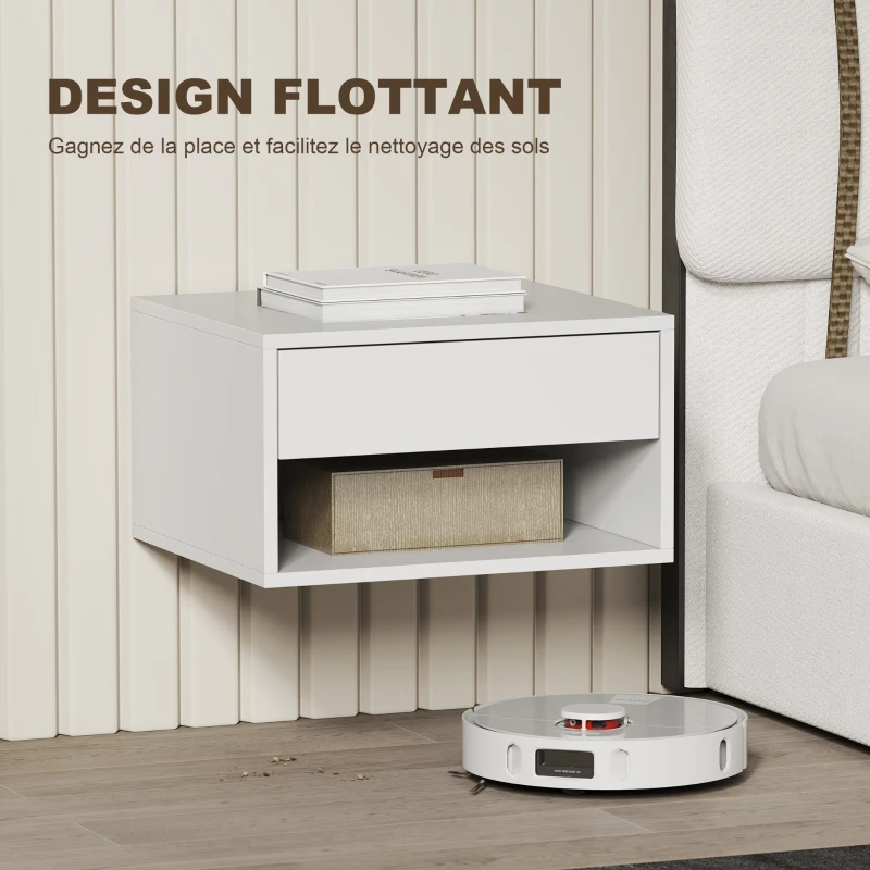 HOMCOM Lot de 2 tables de chevet murales, tables de nuit, tiroir, compartiment ouvert, plateau, 37 x 32 x 21 cm, blanc