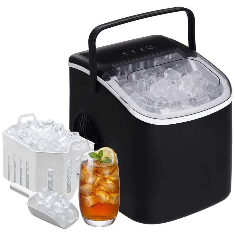HOMCOM Macchina del Ghiaccio da 9 Cubetti in 6-12 Minuti con Cestello e Paletta Inclusi, 23.8x30.5x29 cm, Nero
