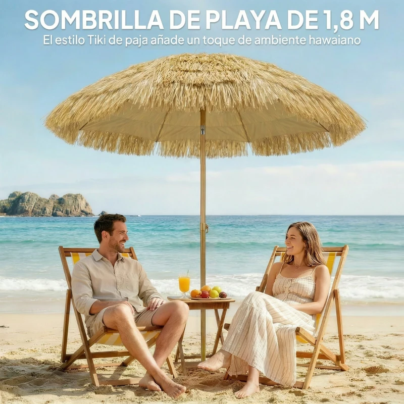 Outsunny Sombrilla de Playa con Flecos de Paja Ø178 cm con Inclinación Altura Ajustable UV50+ Bolsa de Transporte Marrón Claro