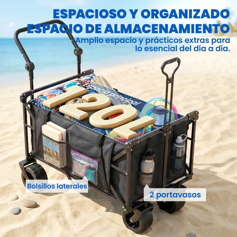 Outsunny Carro de Jardín Plegable con Ruedas Grandes Bloqueables Barra Ajustable Portavasos para Campaña 125x59x133 cm Negro