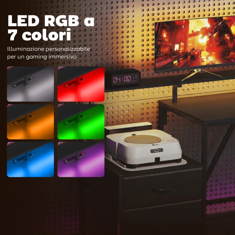 HOMCOM Scrivania Gaming Angolare con Hub di Ricarica, Luci LED e Supporto Monitor, in Legno e Acciaio, 192.5x80x86.5 cm, Nero