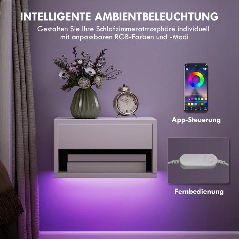 HOMCOM Nachttisch 2er-Set mit RGB-LED-Beleuchtung, schwebender Nachttisch mit Schublade und offenem Fach, Weiß