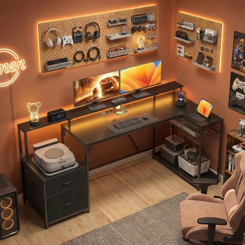 HOMCOM Scrivania Gaming Angolare con Hub di Ricarica, Luci LED e Supporto Monitor, in Legno e Acciaio, 192.5x80x86.5 cm, Nero