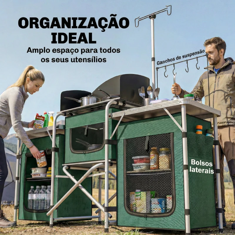 Outsunny Móvel de Cozinha para Campismo Dobrável com 3 Mesas 4 Ganchos Poste de Luz e Bolsa de Transporte 172x48x119 cm Verde