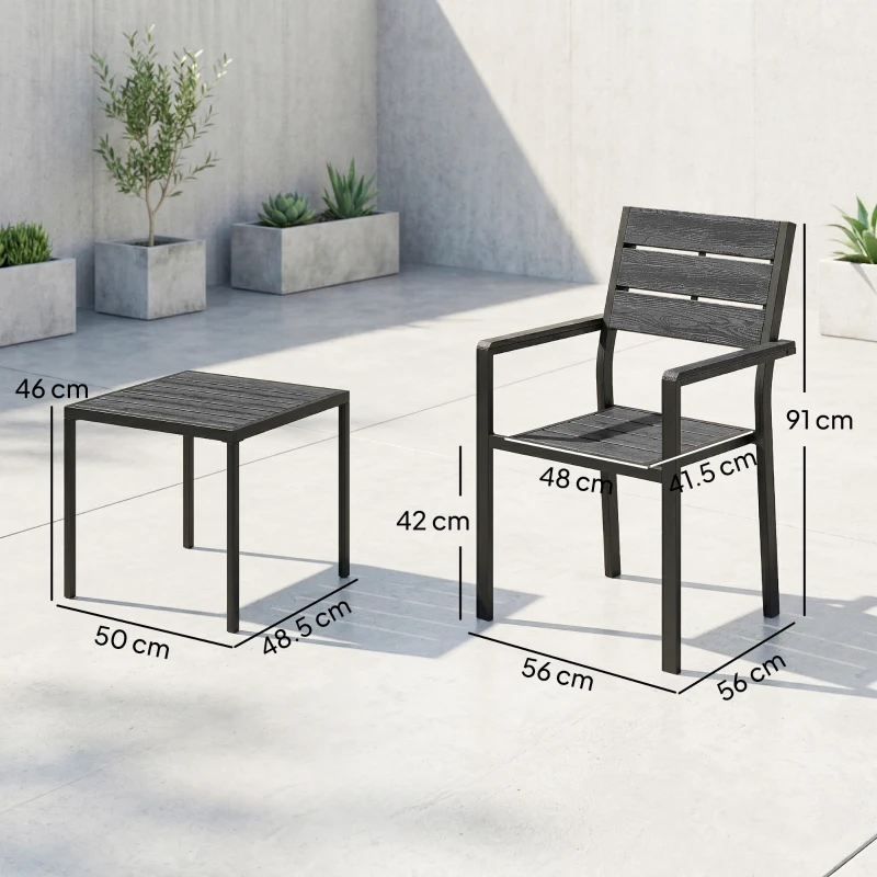 Outsunny Set bistro de grădină 3 piese masă bistro cu 2 scaune, design lamele, aspect lemn, blat HDPE rezistent la rugină