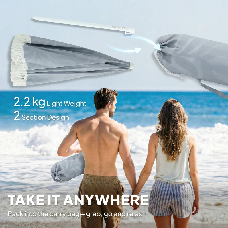 Outsunny 1.8 m Beach Umbrella Parasol with Sand Anchor, Portable Tilting Garden Parasol with Adjustable Height, Light Grey