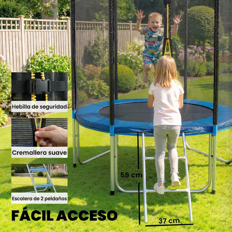 SPORTNOW Cama Elástica Exterior Ø183 cm Trampolín para Niños con Red de Seguridad Escalera y Acolchado de Muelles Azul
