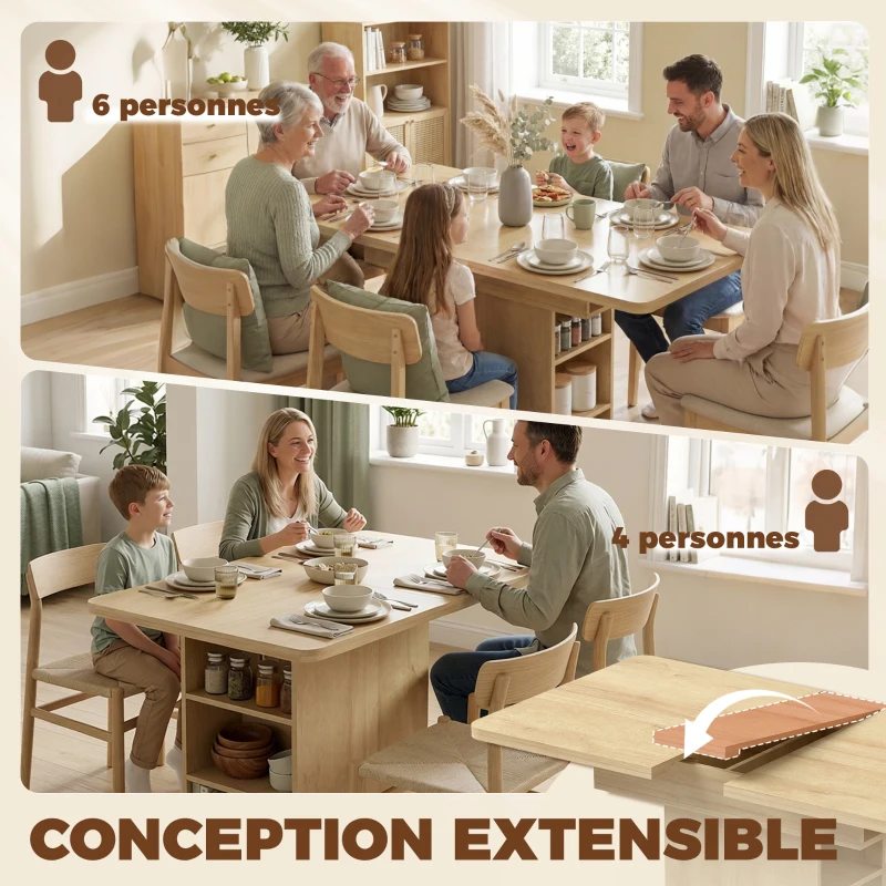 HOMCOM Table à manger extensible rectangle pour 4 à 6 personnes, table de cuisine 110-130 cm, 6 étagères ouvertes, bois naturel
