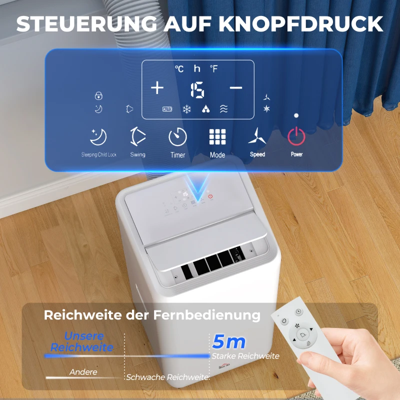 HOMCOM Mobiles Klimagerät mit Abluftschlauch 12.000 BTU 3,5 kW, 5-in-1, 24h-Timer, Fernbedienung bis 35㎡