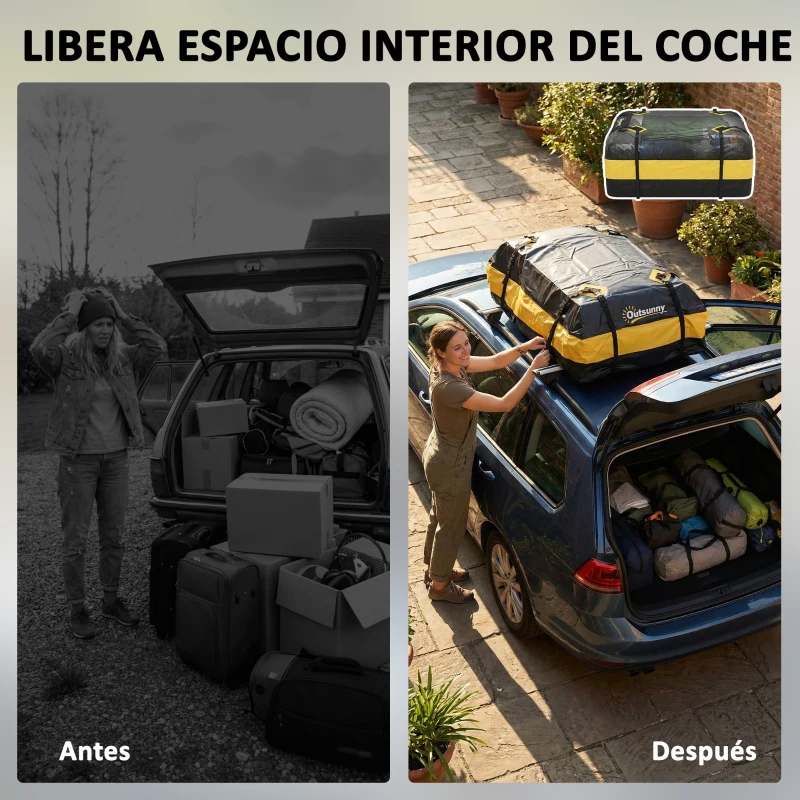 Outsunny Bolsa de Techo para Coche 425L Impermeable con 8 Correas Alfombrilla Antideslizante Ganchos para Vehículos Amarillo