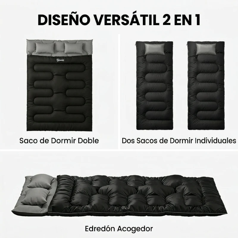 Outsunny Saco de Dormir Doble para Adultos Tamaño Queen para 2 Personas con 2 Almohadas y Bolsa Transporte Negro