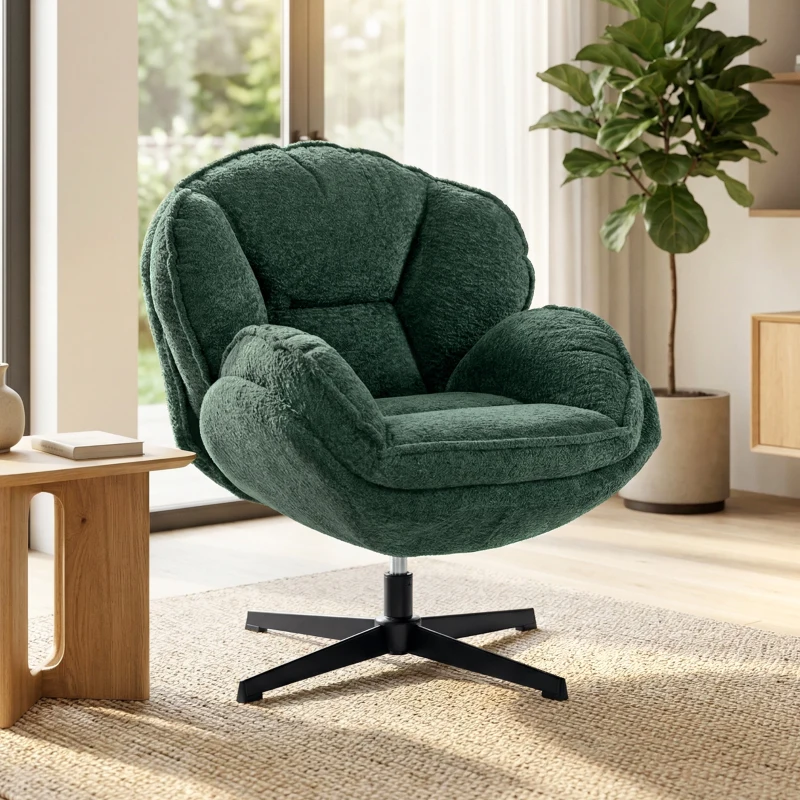 HOMCOM Modern Wingback Accent Chair, Velvet Armchair with Four-Star Base, S-Springs, Swivel, Dark Green