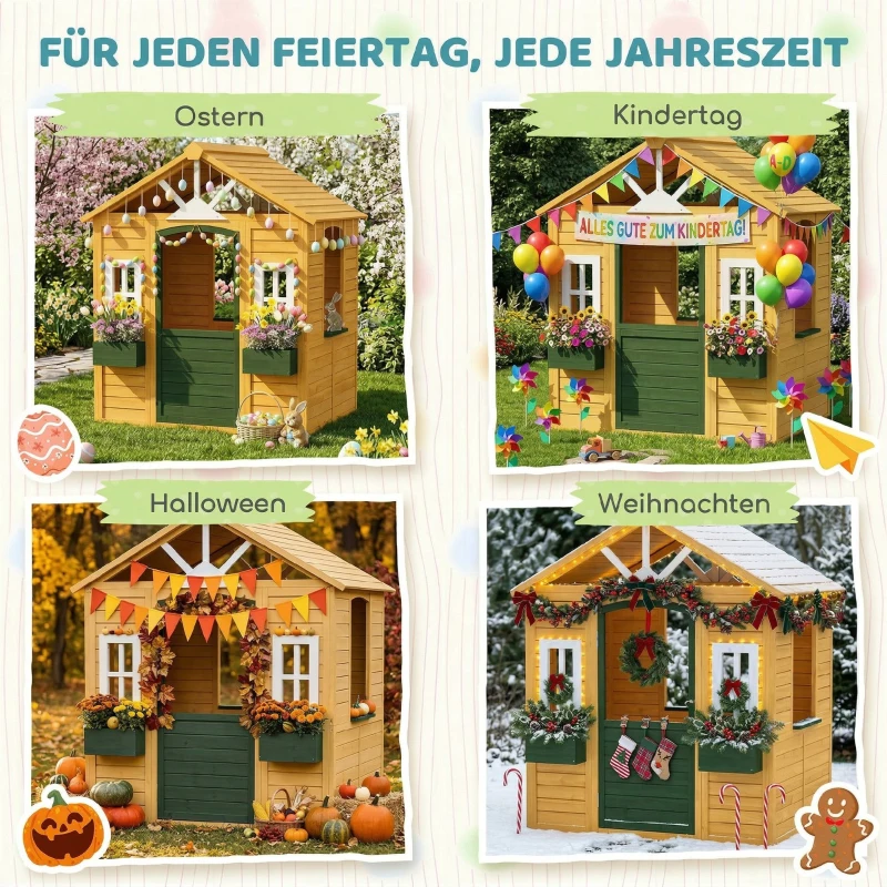AIYAPLAY Kinderspielhaus Holz Spielhaus Outdoor mit Tür 3 Fenster 2 Blumenkästen für 3-8 Jahre Kinder 134,5 x 97 x 150 cm Braun
