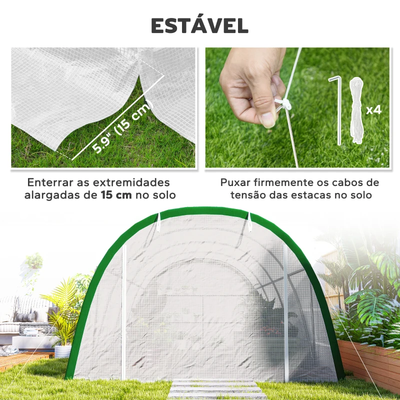 Outsunny Estufa de Exterior 6x3x2 m Estufa de Túnel com Porta Enrolável 8 Janelas com Rede Cobertura PE 140g/m² Estrutura em Aço Branco