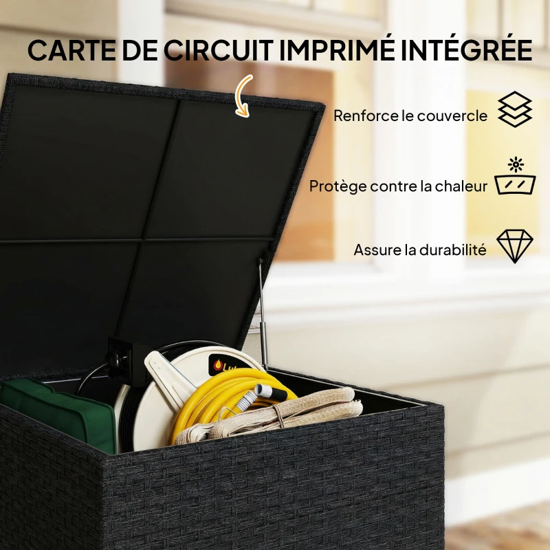 Outsunny Coffre de jardin en résine tressée coffre de rangement extérieur 253 L imperméable avec doublure zippé 72x72x70cm noir