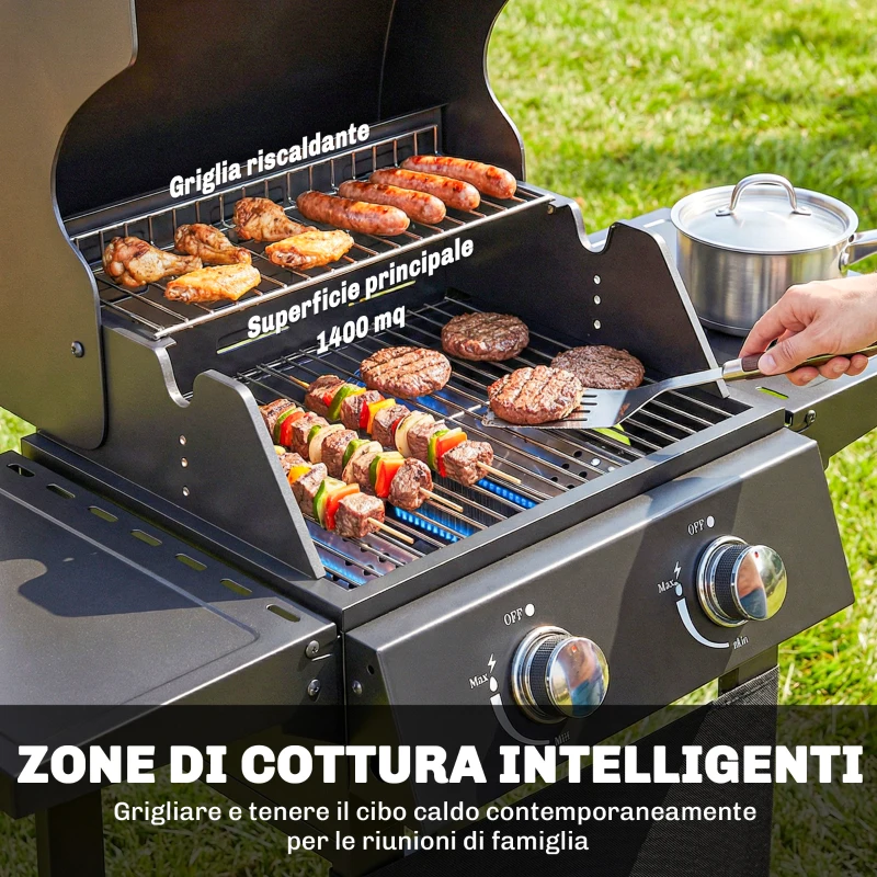Outsunny Barbecue a Gas Propano con 2 Bruciatori, Portatile, Termometro, Nero