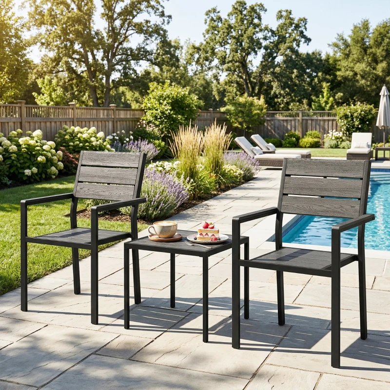 Outsunny Set bistro de grădină 3 piese masă bistro cu 2 scaune, design lamele, aspect lemn, blat HDPE rezistent la rugină