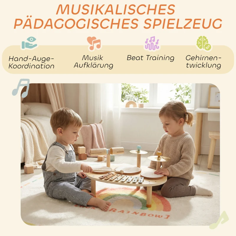 AIYAPLAY Kinder Schlagzeug 4-in-1 Montessori Musikinstrumente Set mit Trommeln Xylophon Schlagwerk für Kinder ab 2 Jahre