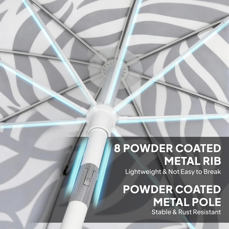 Outsunny 1.8 m Beach Umbrella Parasol with Sand Anchor, Portable Tilting Garden Parasol with Adjustable Height, Light Grey