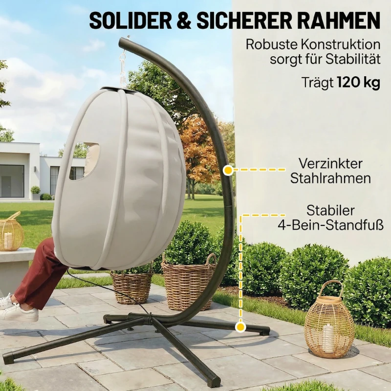 Outsunny Hängesessel mit Gestell, faltbar Hängekorb mit dick Sitzpolstern verstellbarer Höhe Sicherheitsgurt bis 120 kg