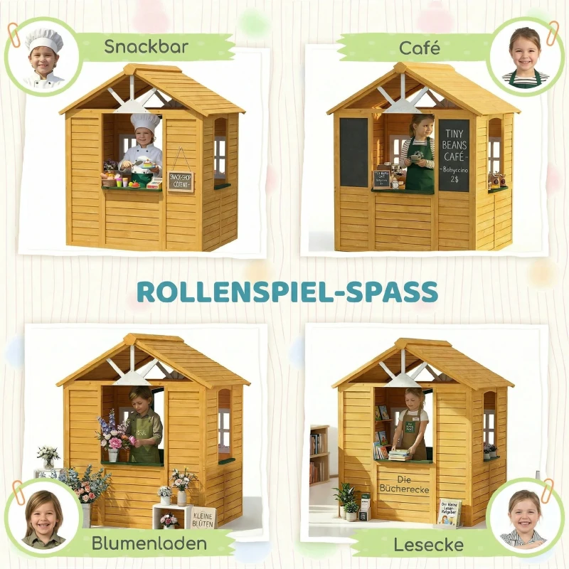 AIYAPLAY Kinderspielhaus Holz Spielhaus Outdoor mit Tür 3 Fenster 2 Blumenkästen für 3-8 Jahre Kinder 134,5 x 97 x 150 cm Braun