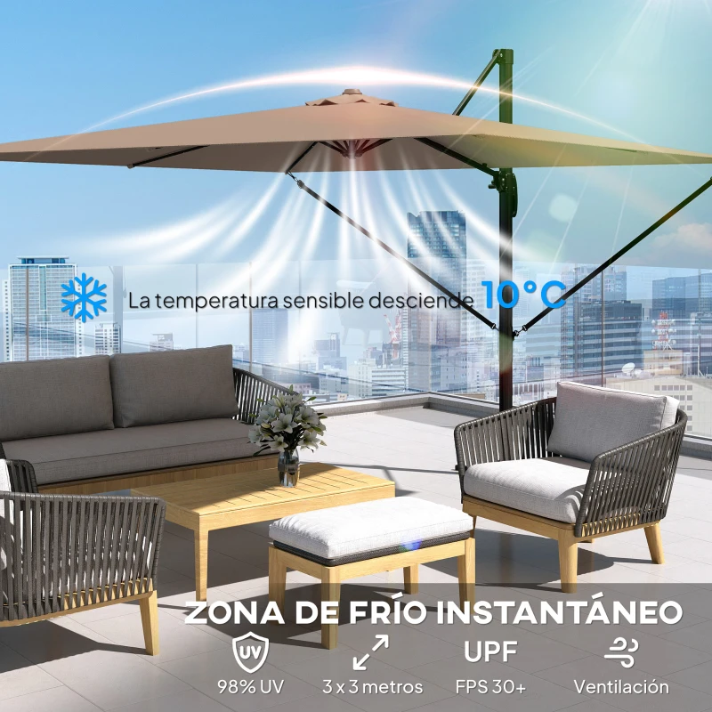 Outsunny Parasol Excéntrico 2,9x2,9 m de Aluminio con Manivela Inclinación Ajustable Giratorio 360° Base Cruzada y Funda Caqui
