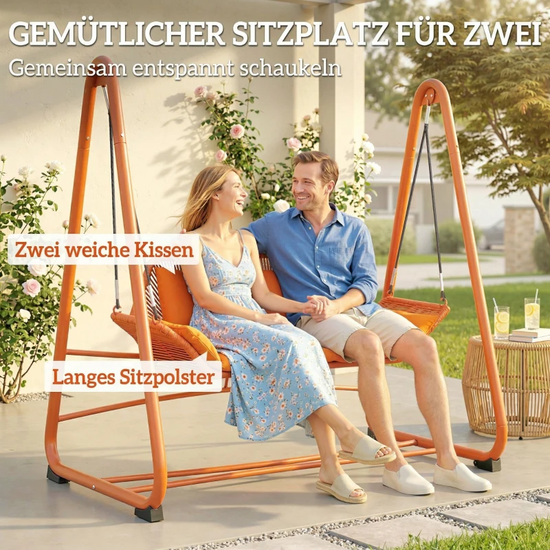 Outsunny Hollywoodschaukel, Gartenschaukel mit Kissen, Gestell, für Garten, Balkon, 174 x 120 x 162 cm, Metall, Terrakotta