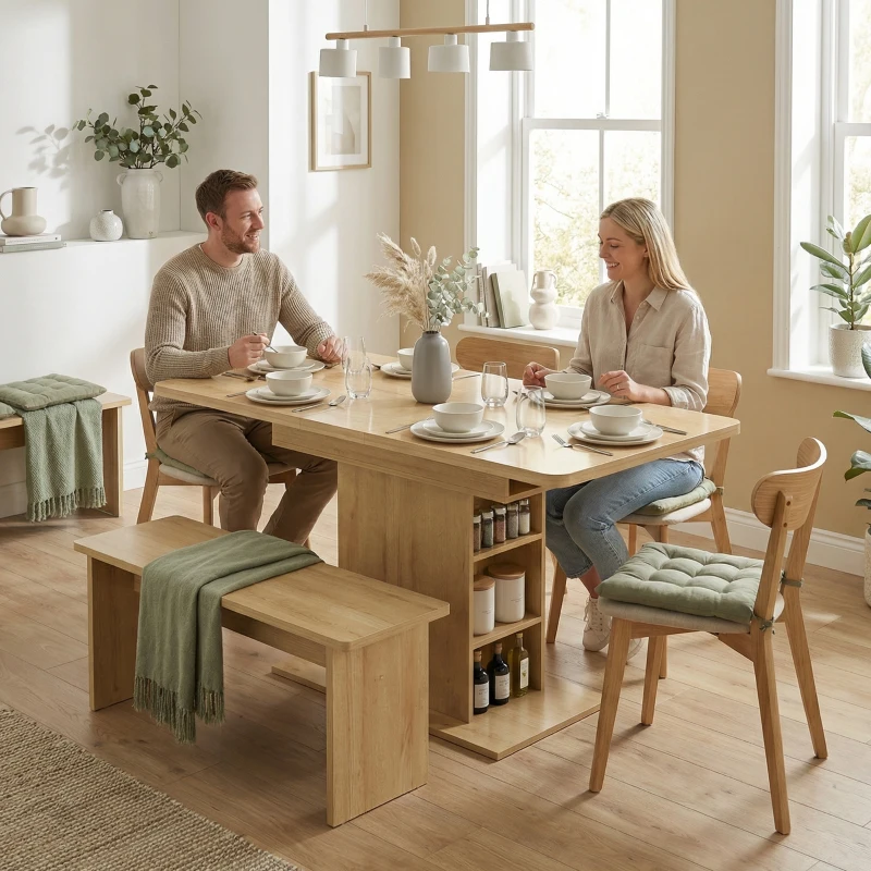 HOMCOM Table à manger extensible rectangle pour 4 à 6 personnes, table de cuisine 110-130 cm, 6 étagères ouvertes, bois naturel