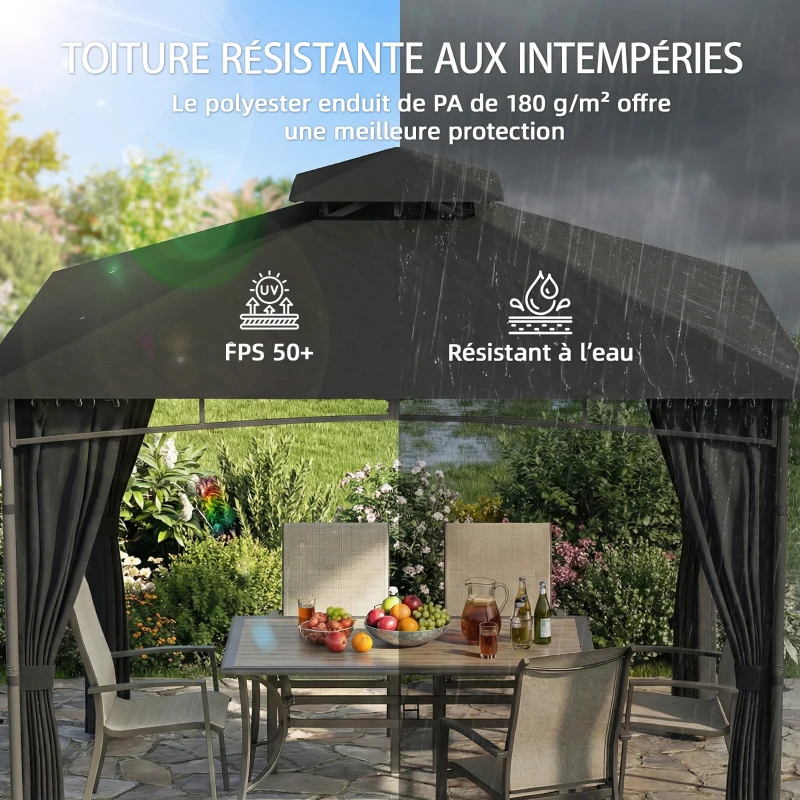 Outsunny Tonnelle de Jardin Extérieur Cadre de Toit Rétractable et Double Toit UV50+Imperméable 3x3m Gris Anthracite